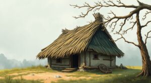 Кровля от тяжести давившей ее когда то соломы сползла наперед и грозила ежеминутным падением